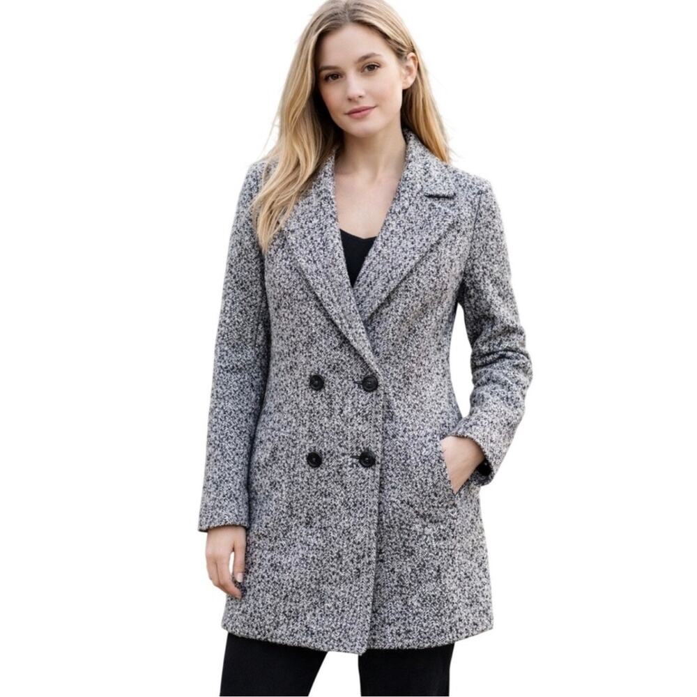 Cabi Black and White Herringbone Double Breasted Coat Jacket Women's Size M